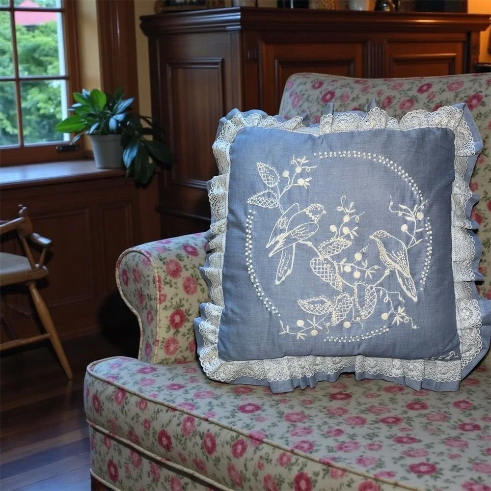 Olde Mill Candlewicking Pillow Blue Birds Williamsburg blue grandmacore lace